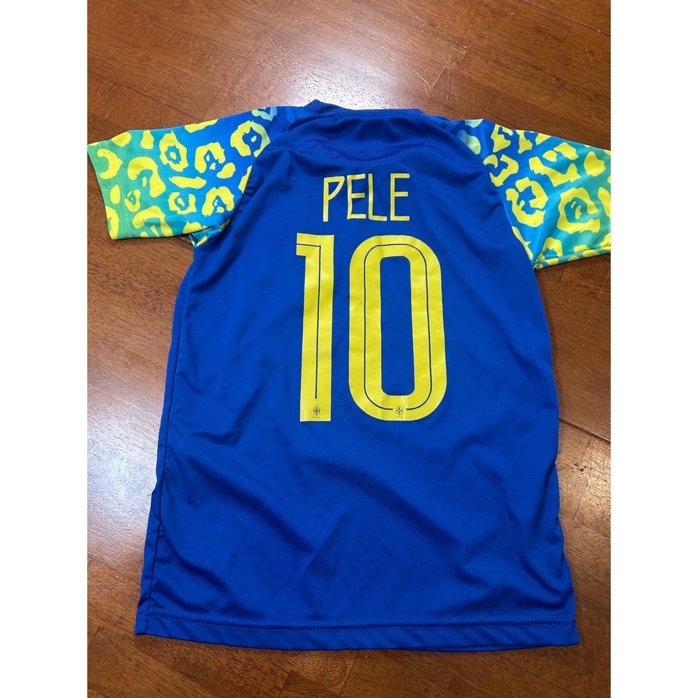 Brazil Soccer Jersey Youth 26 Blue Pele 10 Leopard Print Sleeves - Picture 8 of 11